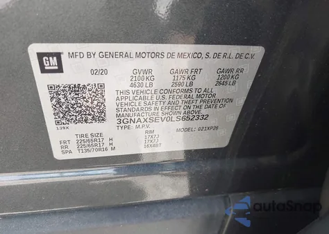 2020 Chevrolet Equinox Awd Ls z USA, uszkodzony, nr VIN 3GNAXSEV0LS652332